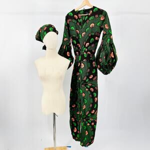 NWT Tribalbyn Green Coral Mushroom Ankara Print Cotton Balloon Sleeve Jumpsuit
